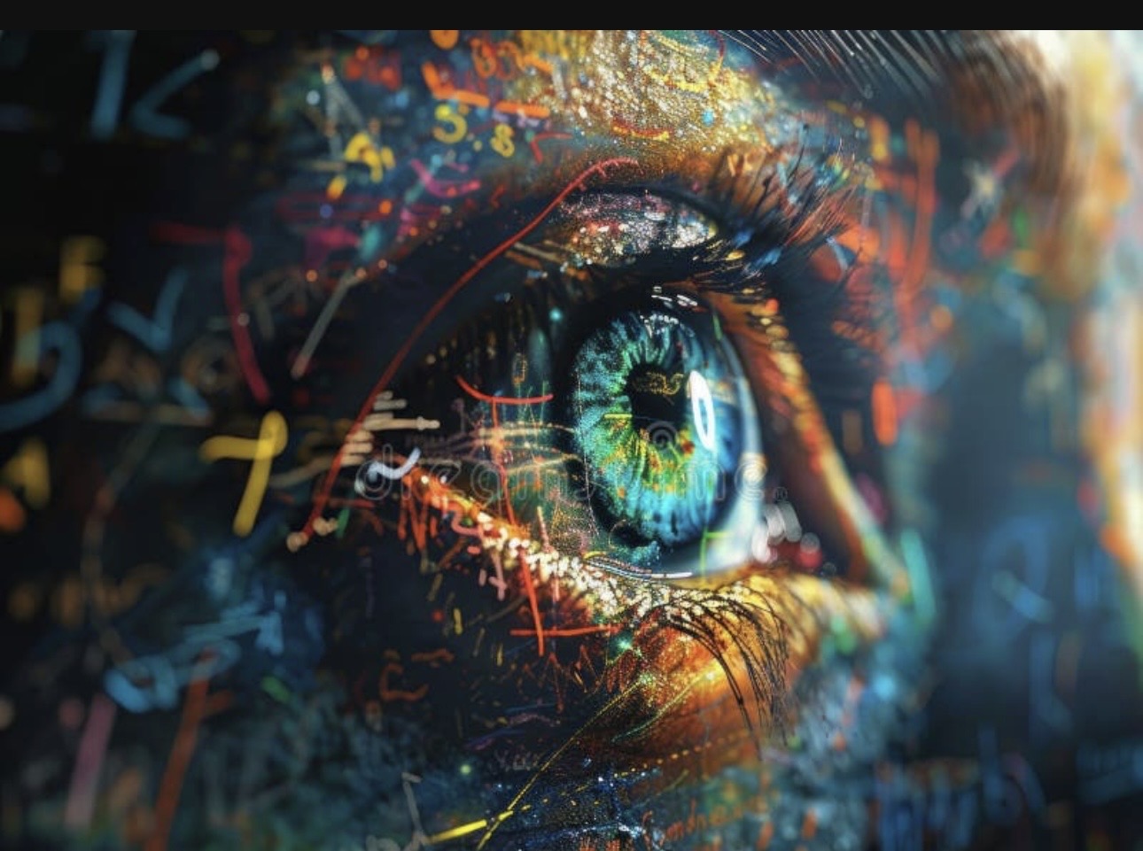 Vivid abstract illustration of a child's eye filled with color and symbols, evoking neurodivergent perception